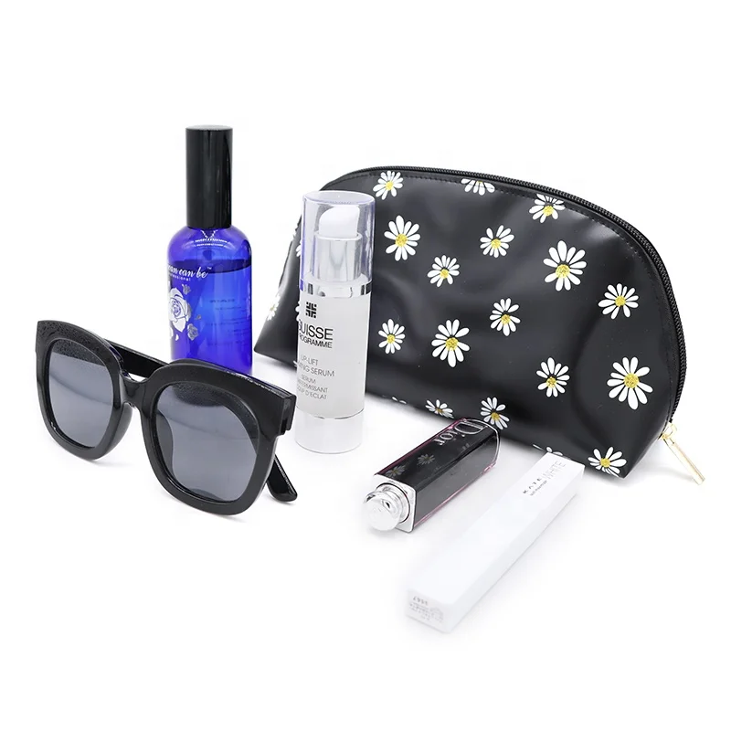 

Waterproof Daisy Vacation Bathroom Custom Holographic Make Up Organizing Toiletry Makeup Pouch Travel Cosmetic Bag, Black clear matt