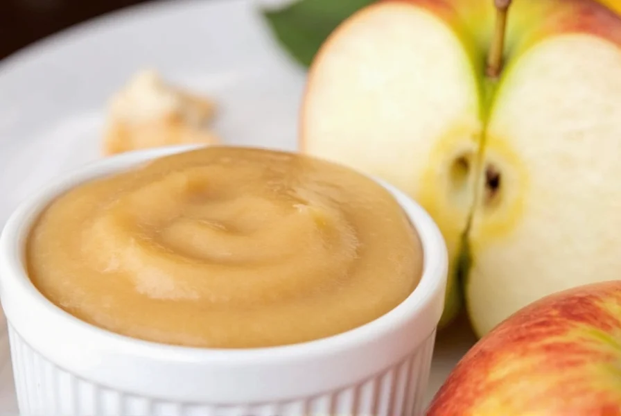 Close-up of plain unsweetened applesauce in a small bowl next to a fresh apple slice for dog treat reference