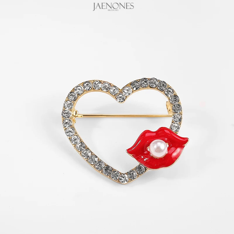 

JAENONES Designer Fashion Custom Enamel Rhinestone Pearl Heart Shaped Logo Brooch Red Lip Brooch For Women