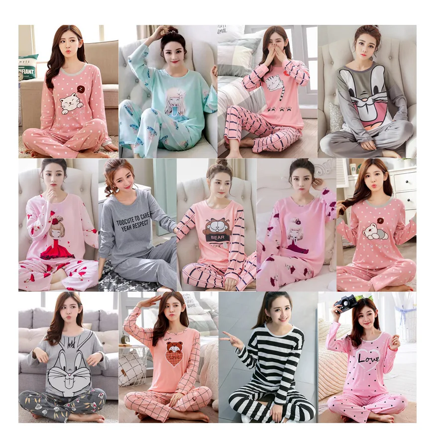 

Cartoon Print Pijamas China Supplier Long Sleeved Cotton Sleepwear Pijamas Por Mayor Silk Pajamas Set allure women sleepwear