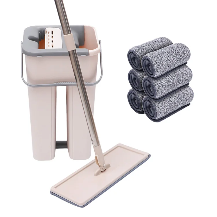 

Flat Mop Bucket Hand Free Wringing Floor Cleaning Mop Microfiber Pads Wet or Dry Usage Home Cleaning Squeeze Flat Mop Bucket