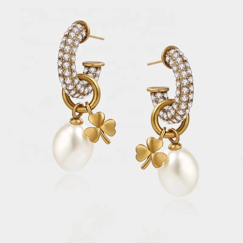 

2021 Vintage Premium Feel Brass Gold Plated Full Diamond Hoop Four Leaf Clover Pearls Earrings, Picture