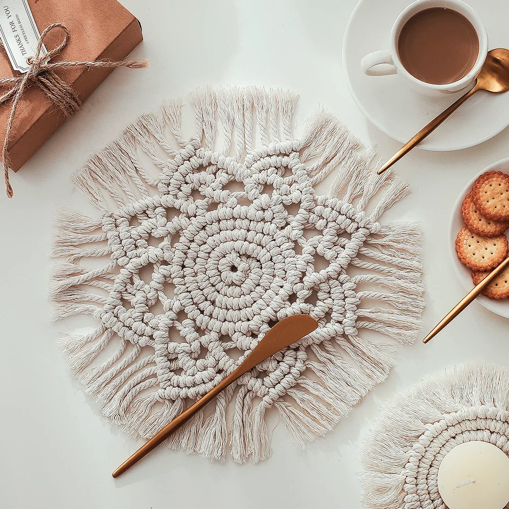 

2021 Table Decoration Boho Macrame Heat Insulation Cotton Rope Round Placemat For Dining Table, Customized