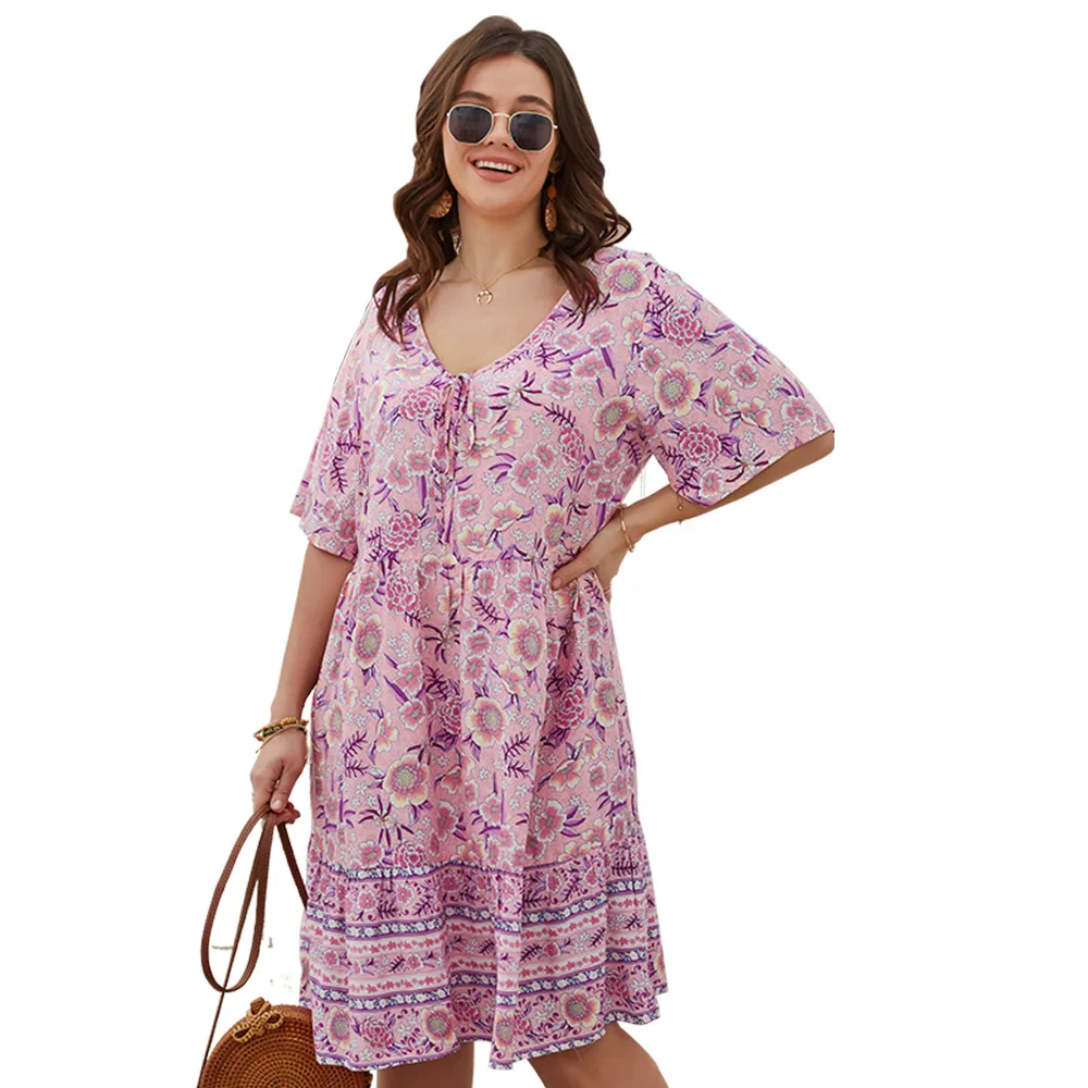 

Summer Women Casual Dresses Floral Print Short Sleeve Fashion Dress For Ladies
