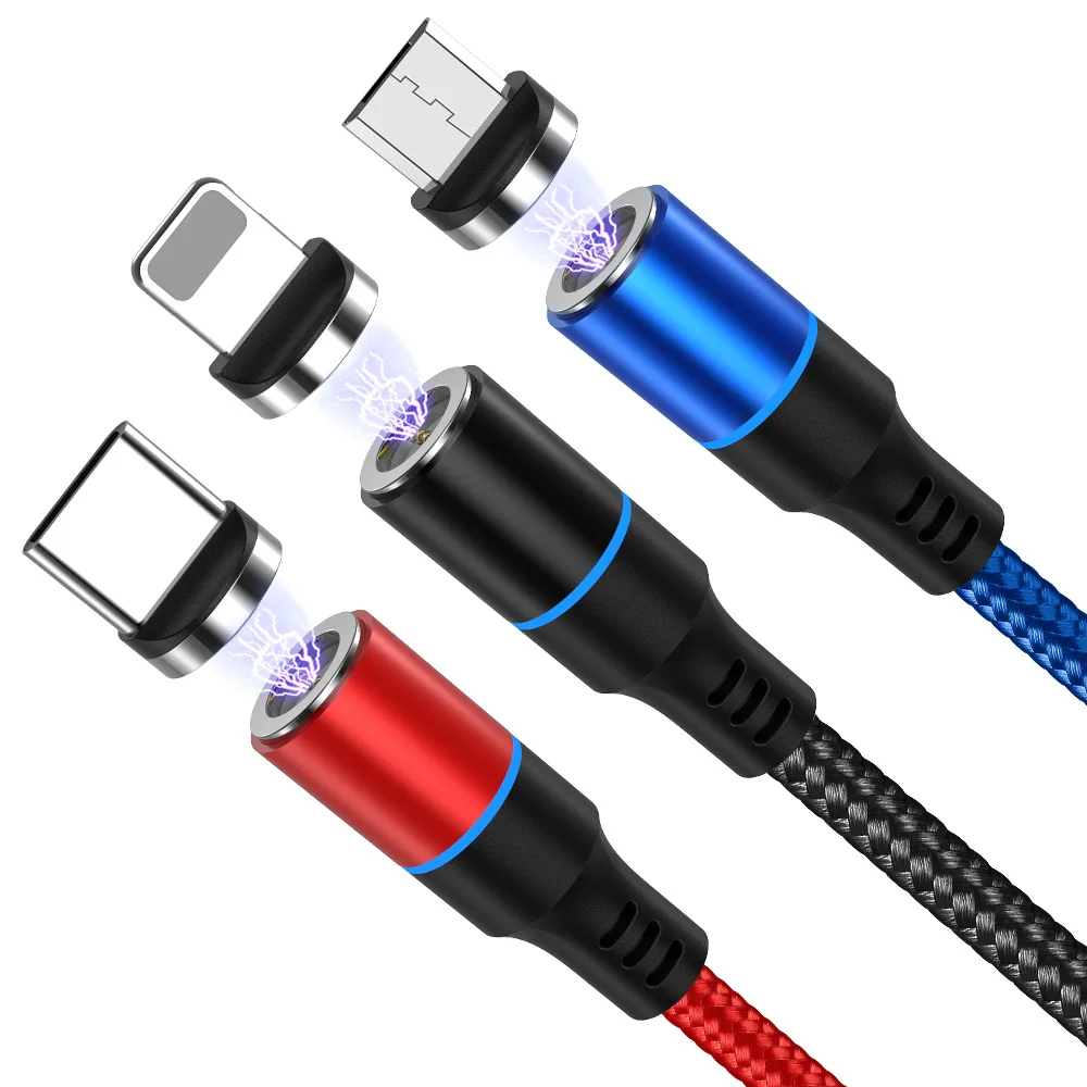 Cell Phone Cable Magnetic USB Charger 1M 3 in 1 USB Charging Data LED Metal Micro USB Function Cables Magnetic Phone Charger