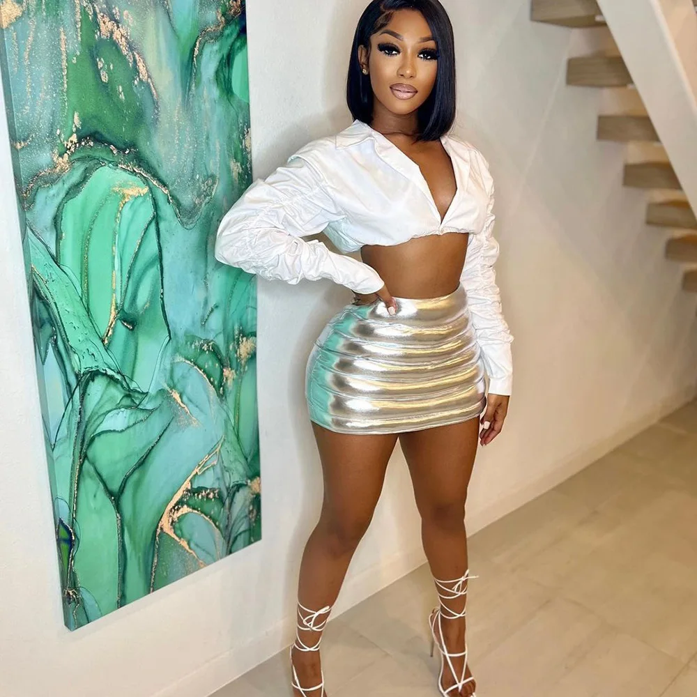 

2022 Summer New Splash-proof Zipper Glossy Personalized Cotton-filled Mini Skirts For Women Silver Skirt