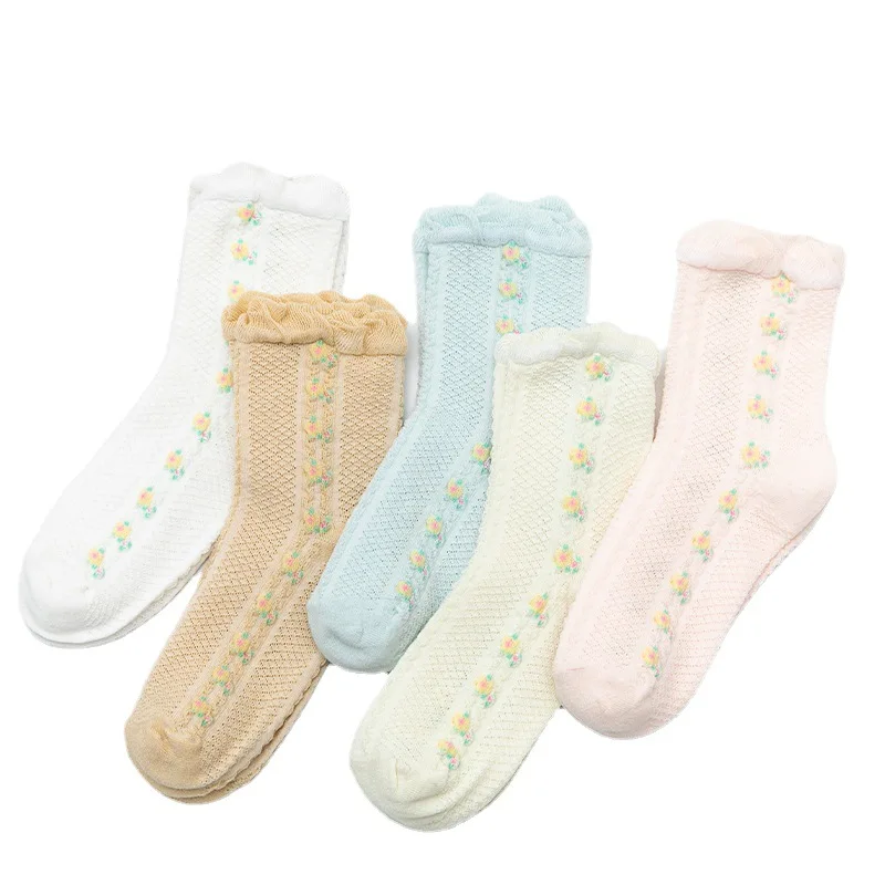 

Spring High Quality Ladies Fancy Ruffel Socks Women Girls Cotton Slouch Socks Breathable Simple Blue Pink Crew Cute Flower Socks, Picture shows