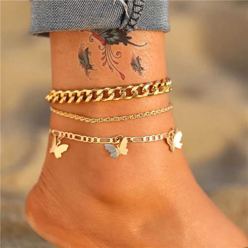 

2021 new high quality Trendy Multilayer Anklet gold snake chain ankle bracelet fashion women summer jewelry