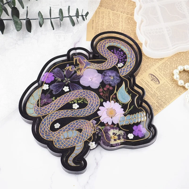 

DIY Jewelry Container Skeleton Snake Mirror Shape Tray Silicon Resin Mold Plate Decoration Dish Coaster Mould