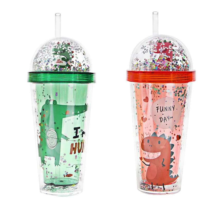 

GZYSL RTS Double layer children Drinking Cups Cute Dinosaur doll Glitter 16OZ Plastic Tumbler cup with Dome Lid and straw