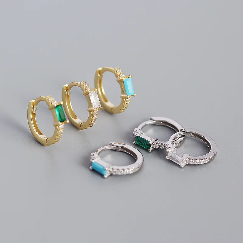 

European Trendy Gold Plated CZ Zircon Geometric Clip On Earrings Multi Colors S925 Silver Crystal Rectangular Earrings for Women