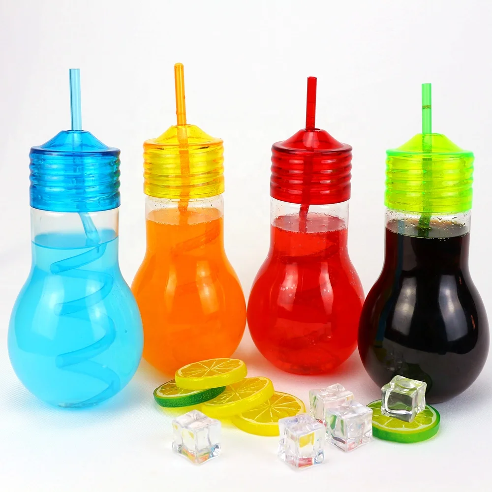 

2020 New Design Wholesale Plastic PET Bulb Type Juice Yard Cups Kids Party Bottles With Straw, Blue,green,yellow,red
