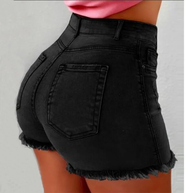 

New design best selling denim tassels hole wash waistline women shorts