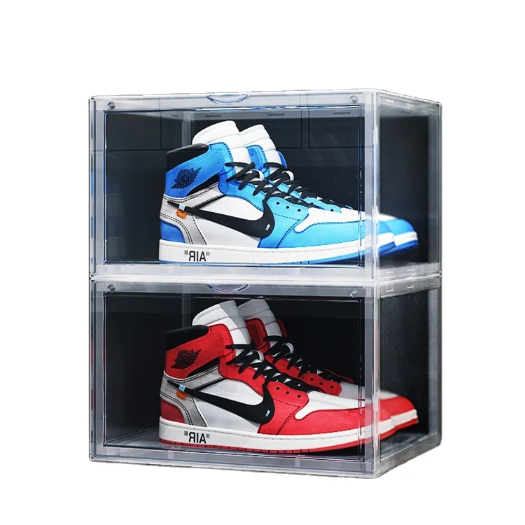 

Side Open Stackable Shoes Plastic Storage Cabinet Transparent Sneaker Box Acrylic, Clear/black