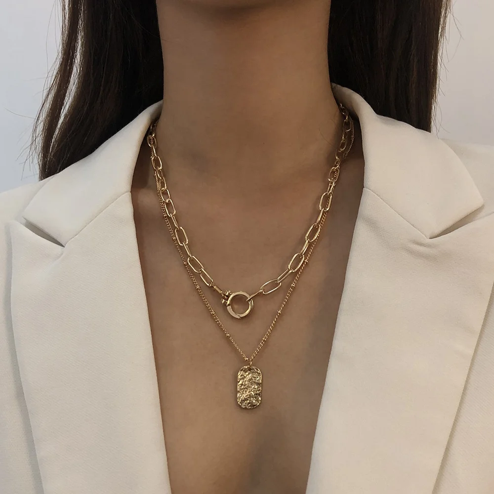

Fashion Gift jewelry Wholesale Womens Multilayer Gold Plated Chain Necklace Layered Gold Geometric Pendant Necklaces, Picture shows
