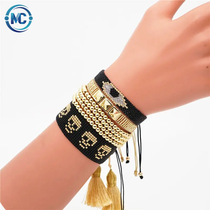 

4pcs one set fashion boho punk skull Turkish eye charm bangles gold copper armband handmade miyuki bracelets, As pictures color