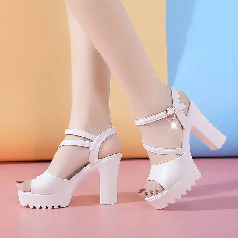 

Summer Chaussures Square High Heel sandalias china Chunky PU white sandals for women Buckle Strap Open Toe women's pumps, As picture shows
