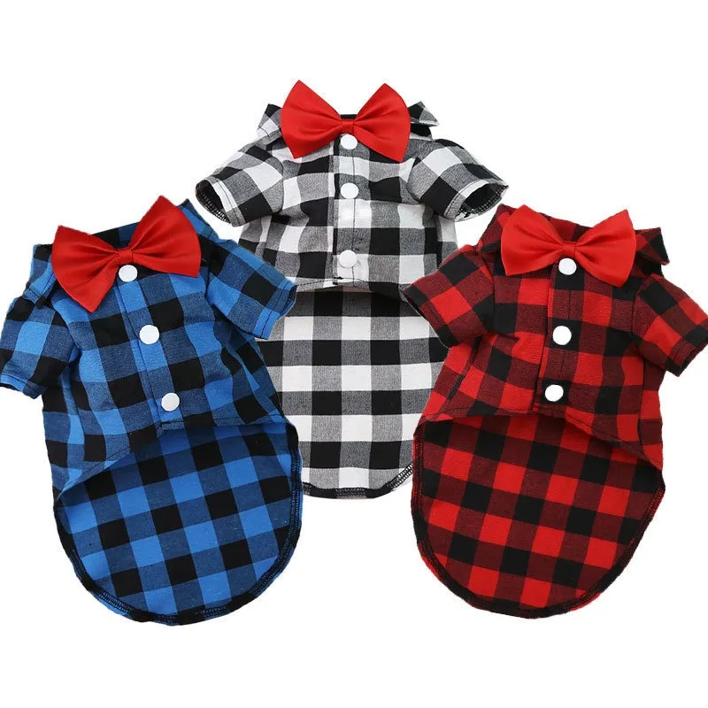 

Soft breathable Summer Casual Plaid Cat Dog Shirt Gentleman Dog Clothes, As shown in details