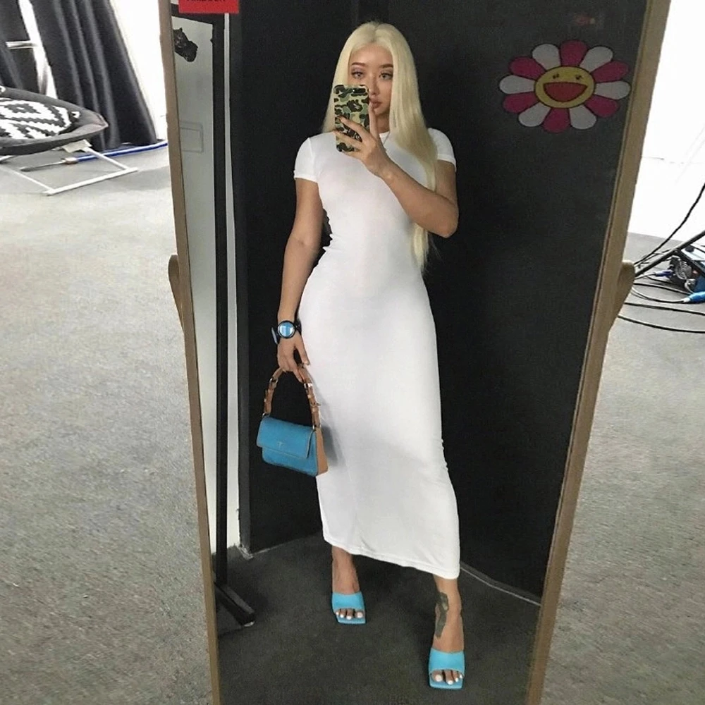 

8108 Short Sleeve Long Dress 2020 New Arrival Cotton Women SummerSlim Sexy Long line Bodycon Dress