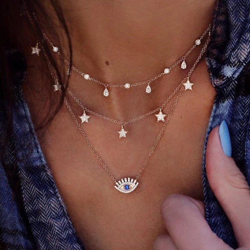

Multi Layered Fashion Chain Necklaces for Female CZ Pendant Mixed Small Eye Drop Star Moon Infinity Choker Trendy Jewelry, Gold/silver