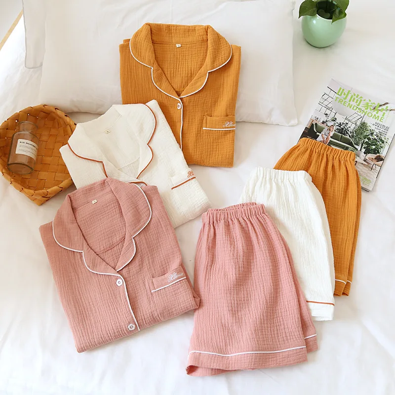 

JULY'S SONG Summer Autumn Cotton Sleepwear Casual Lapel Collar Short Sleeve Women's Pajama Suit Simple Solid Loose Couple Pyjama, Gray blue white orange pink