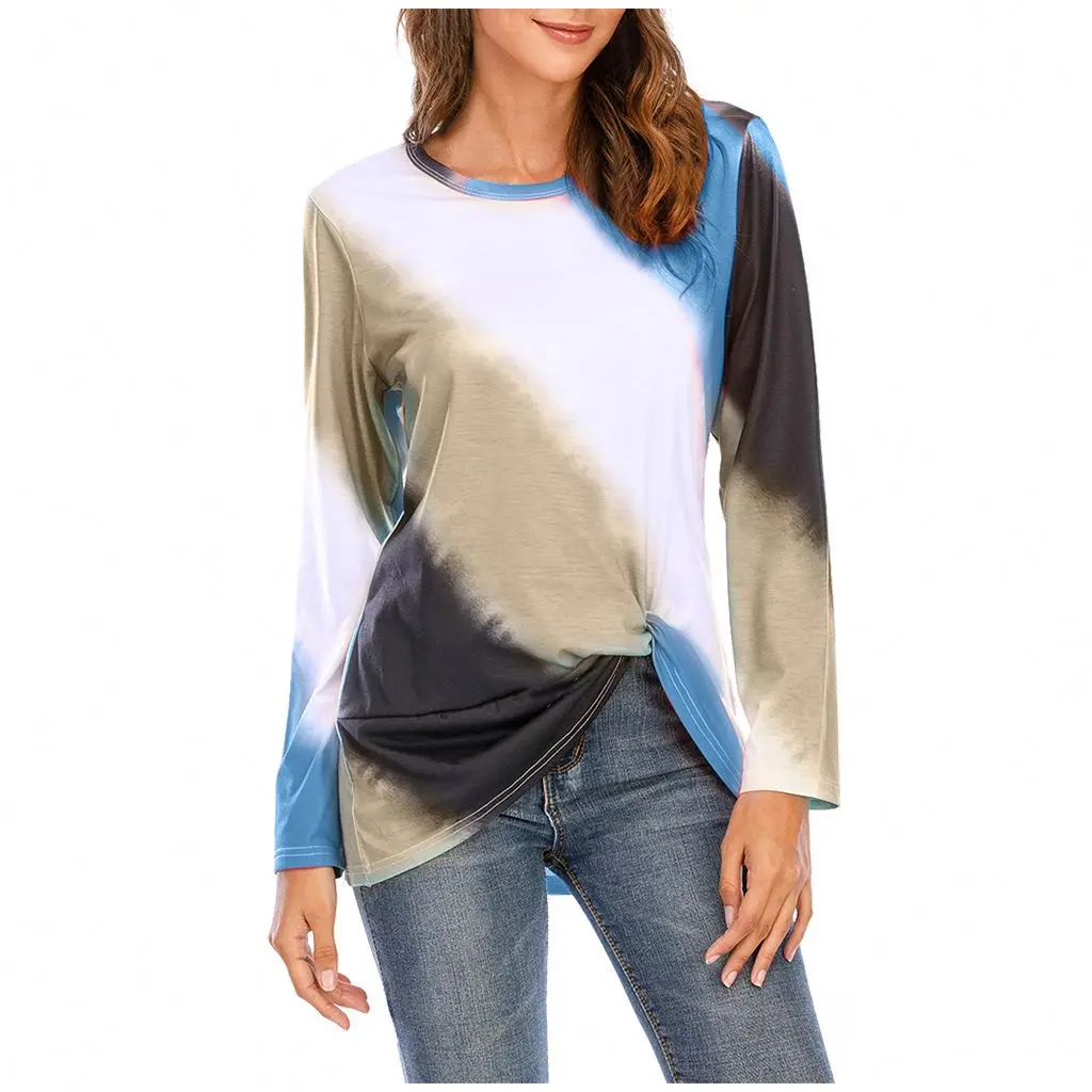

New Product 2021 Gradient Color Round Neck Printing Long-sleeved0 T-shirt Womens Tops