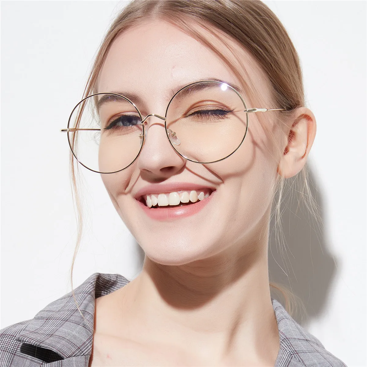 

2021 new metal round flat lens women's thin frame glasses