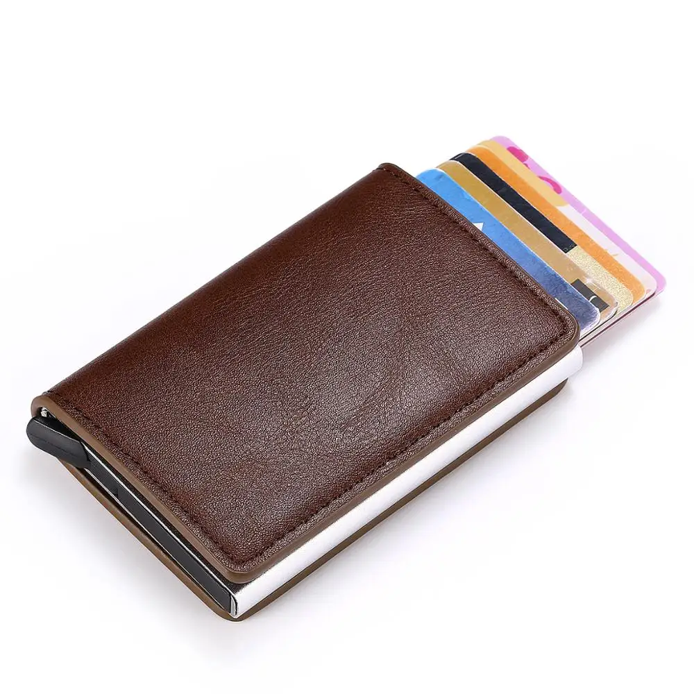 

High quality PU Leather Aluminum Alloy High Capacity Automatic Ejection RFID Stocking Custom Credit Card Holder