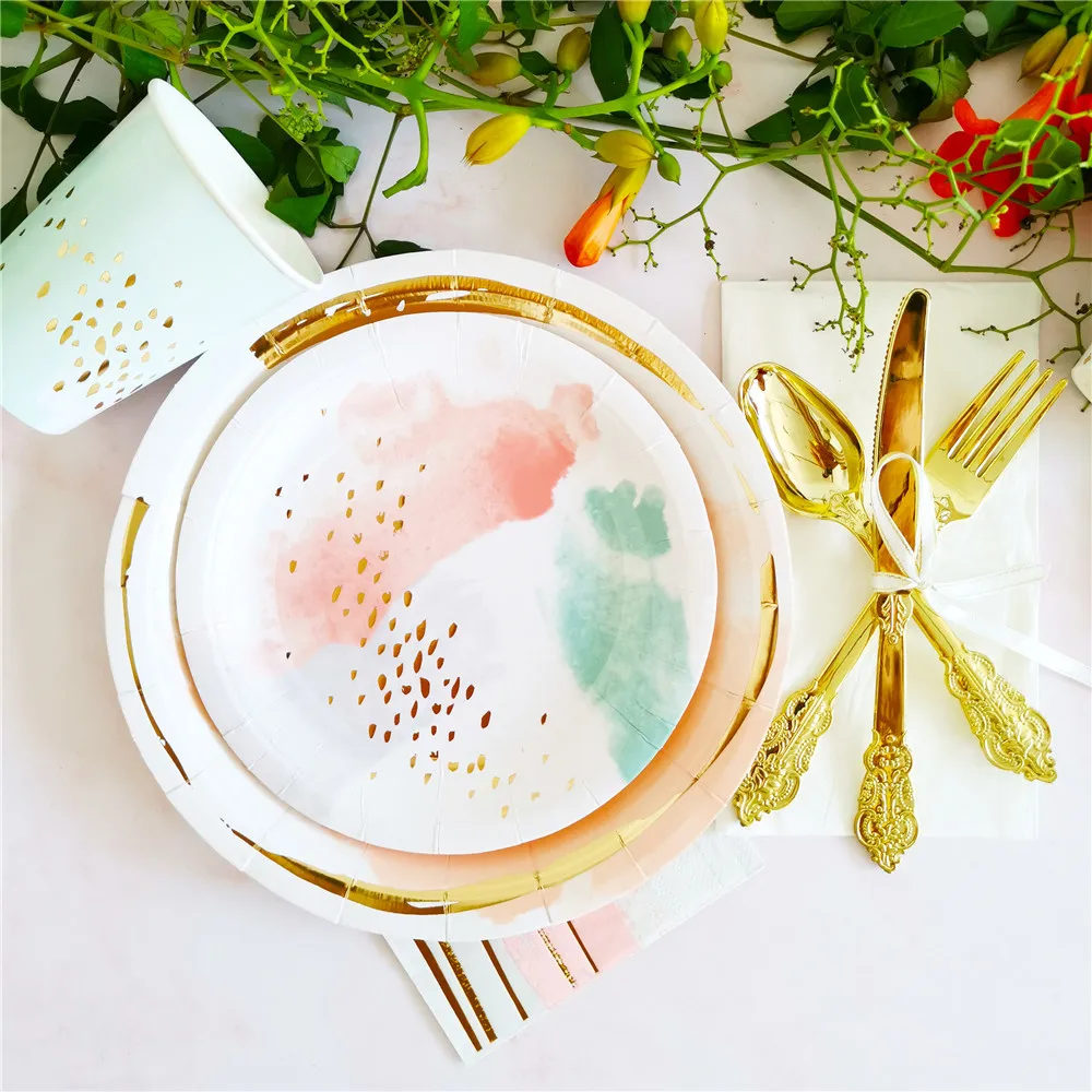 

Vintage Elegant Charger Plate Disposable Foil Gold Party Dessert Plate with Plate, Cup, Napkins