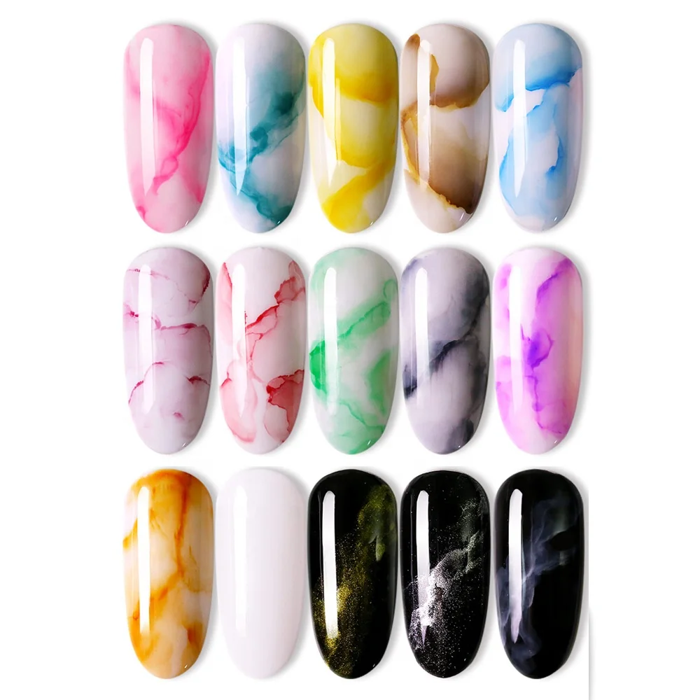 

Hot selling natural resin easily soak off nail blooming gel nails 15 colors marble ink for nail school