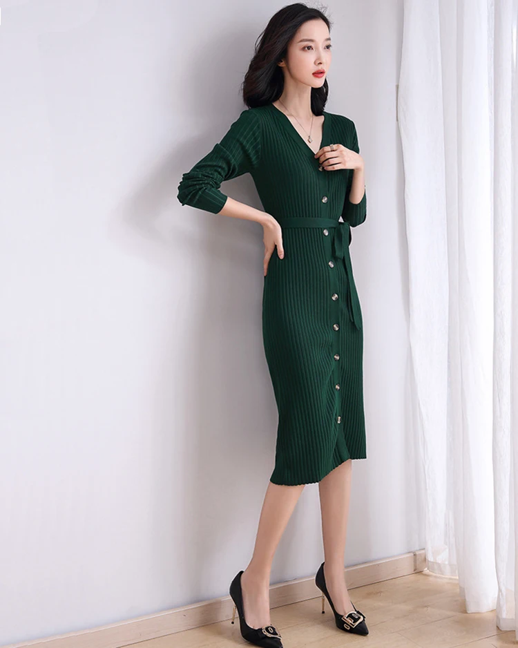 

2022 spring new arrivals fashion women solid long sweater dress with buttons