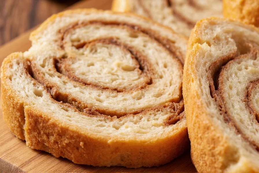 Close-up of sliced old-fashioned cinnamon bread showing distinct swirl pattern and moist crumb structure