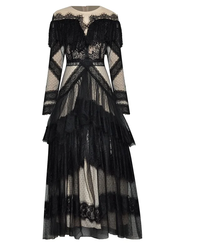 

Black Lace Long Dress 2021 Spring Summer Party Evening Women O-Neck Polka Dot Print Ruffle Deco Long Sleeve Maxi Dress Vestidos