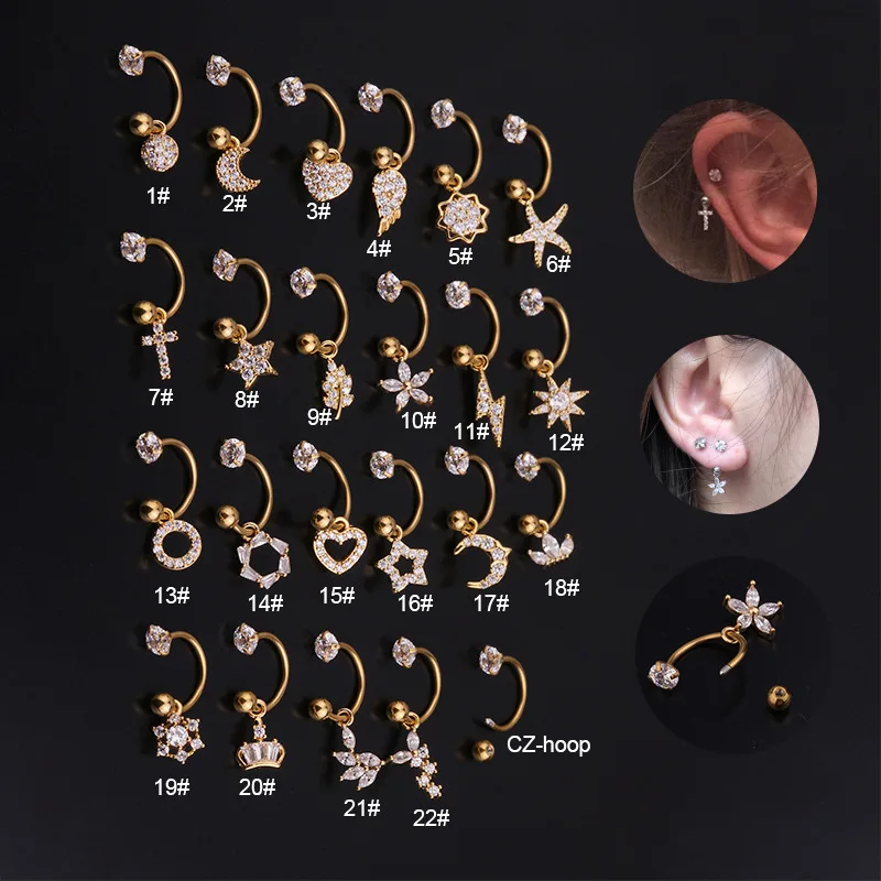 

Fashion Piercing Body Jewelry C Shape CZ Stone Stainless Steel Ear Hoop Huggie Drop Dangle Earrings For Women