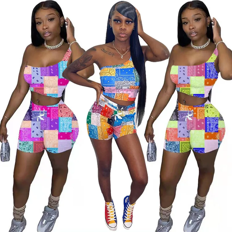 

2021 summer one off shoulder tank crop top 2 piece sets shinny bodycon women bandana outfit, Picture color