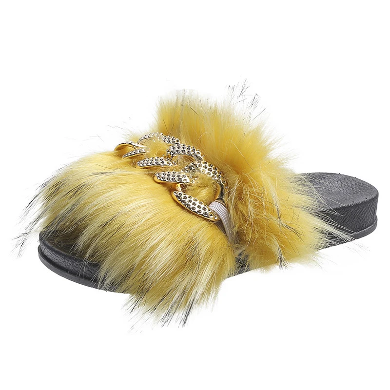 

Luxury Long Faux Fur Slide Sandals Slipper Custom Logo Fur Slides Diamond Decoration Furry Slides, Yellow black pink blue gold