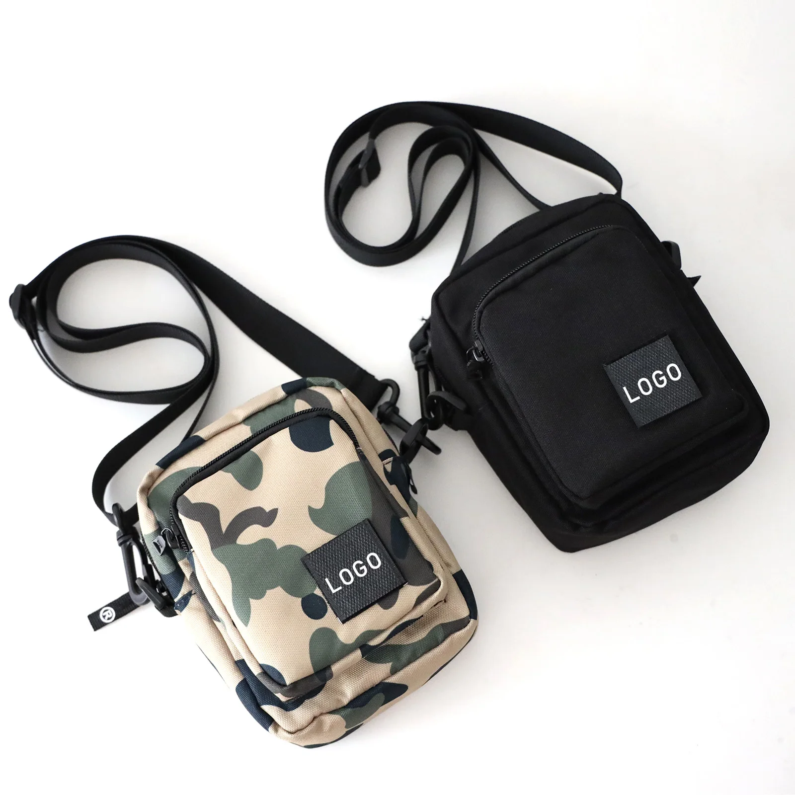

Japan logo custom camouflage black color canvas material men women unisex shoulder crossbody bag phone pack, Black, camo