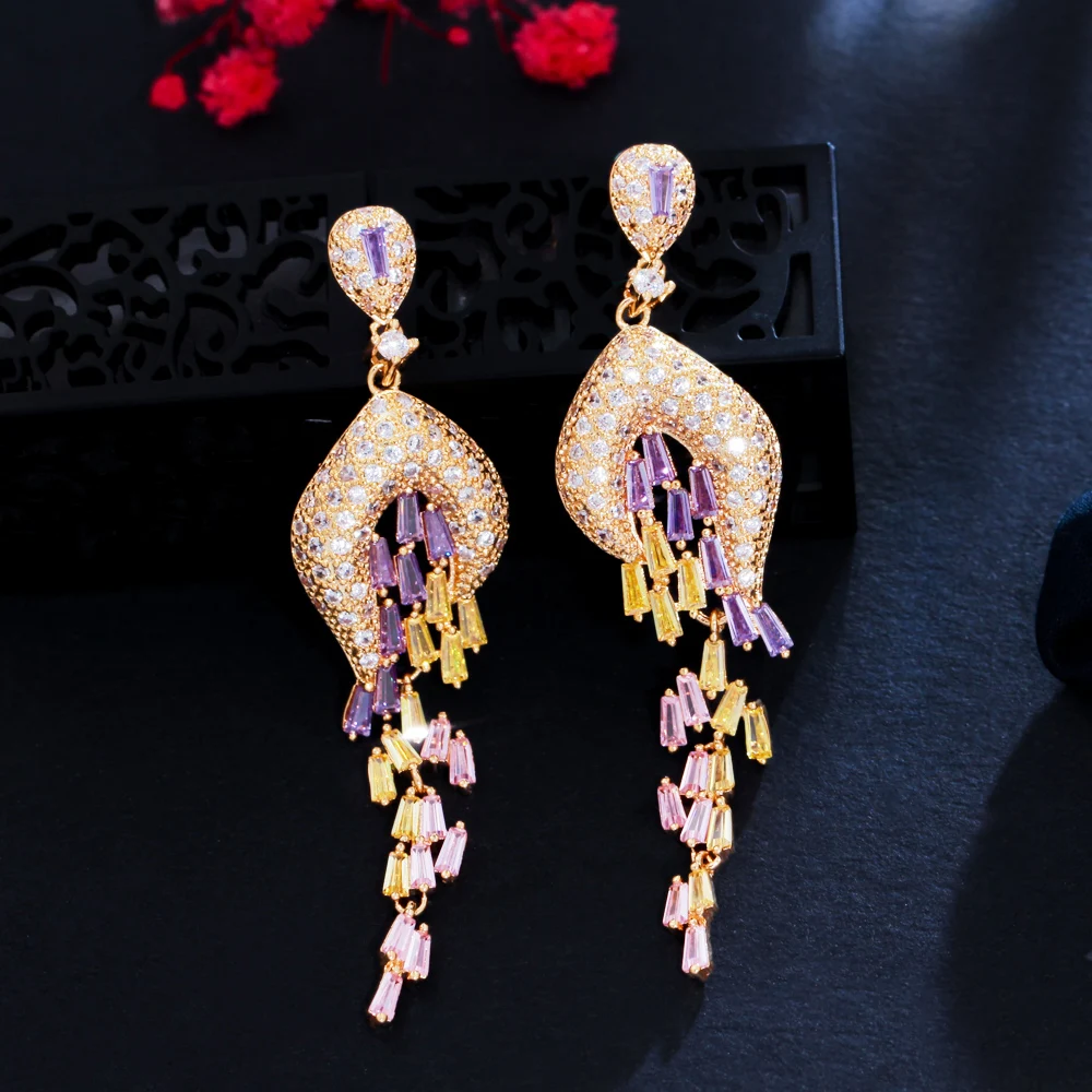 

Glittering 18k Yellow Gold Plated Multicolor African Cubic Zirconia Dangling Long Tassel Drop CZ Wedding Prom Earrings for Women