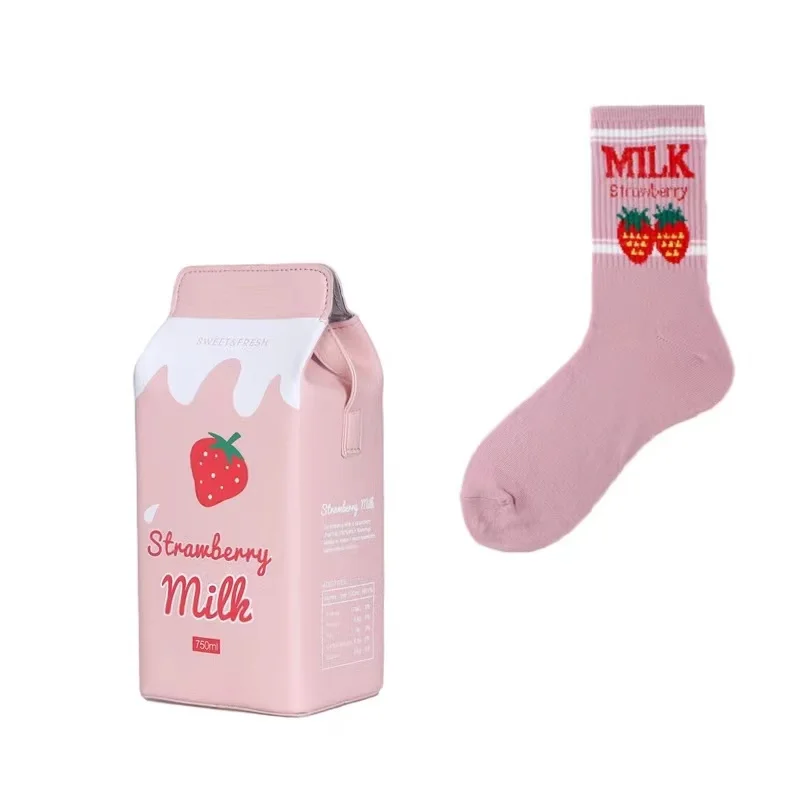 

2021little girls banana strawberry Milk box Shape drink crossbody Bag Large Capacity Tote and Socks Purse Handbag Set For Woman