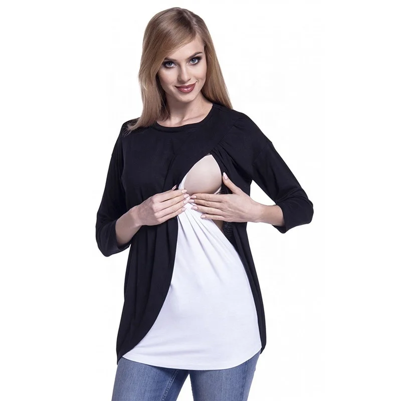 

Women's round neck solid color pregnancy clothes long-sleeve breastfeeding Maternity T-shirt nursing clothing, Black,dark grey,purple-red