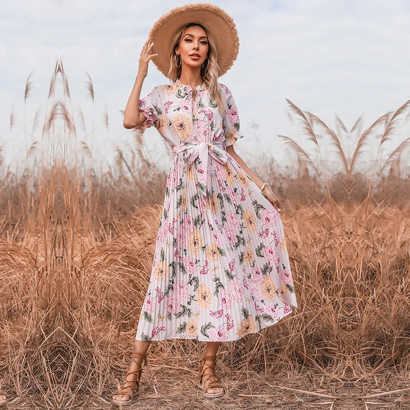 

100% Polyester Bohemia Floral Maxi Dress Ruffle Skirt Casual Dresses 2021 Summer Luxury Women Fashionable Clothing, Green,pink