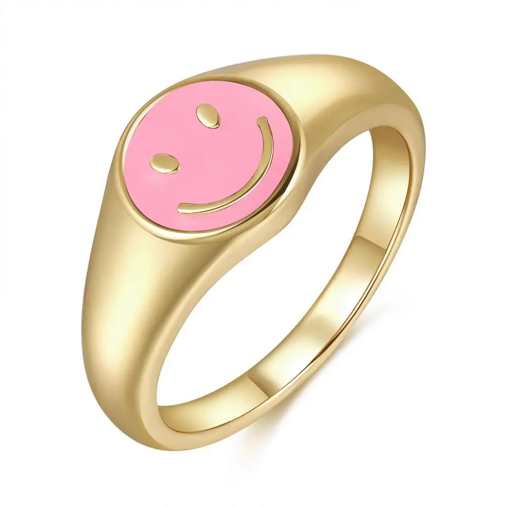 

Amazon Hot 18K Real Gold Plated Copper Finger Multicolor Color Cute Smiley Face Signet Ring for Women Girl, Golden