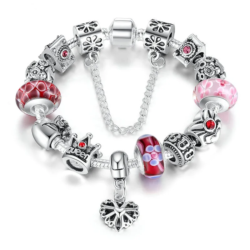 

European Jewelry Silver Plated Heart Charms Bracelet Bangles Queen Crown Beads Bracelet for Women