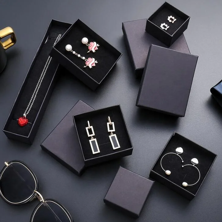 

High-end Black Recyclable Cardboard Custom Logo Jewelry Box Pendant Ring Earring Necklace Storage Gift Package Boxes, Black or custom