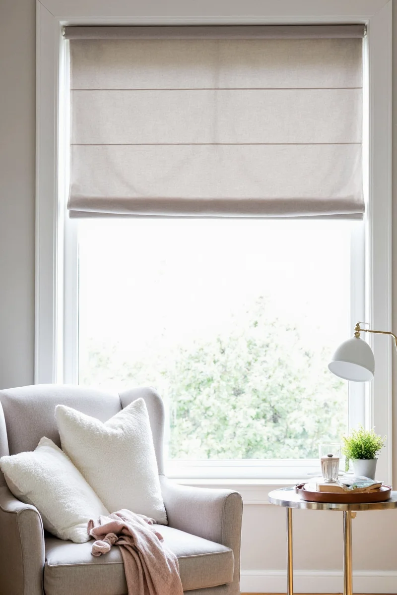 Roman shade in soft grey fabric above a crib in a cozy nursery