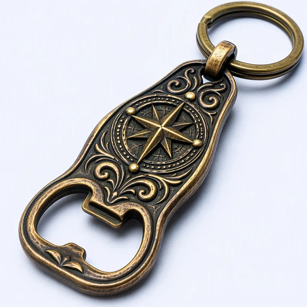 Antique Bronze 3D Embossed Compass Rose Opener Keychain