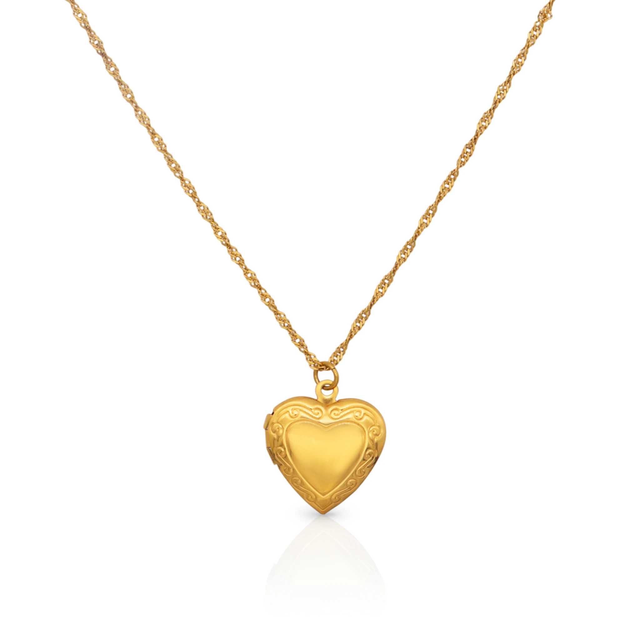 

Chris April fashion jewelry PVD gold plated 316L Stainless Steel locket pendant Necklace with singapore chain, Yellow gold