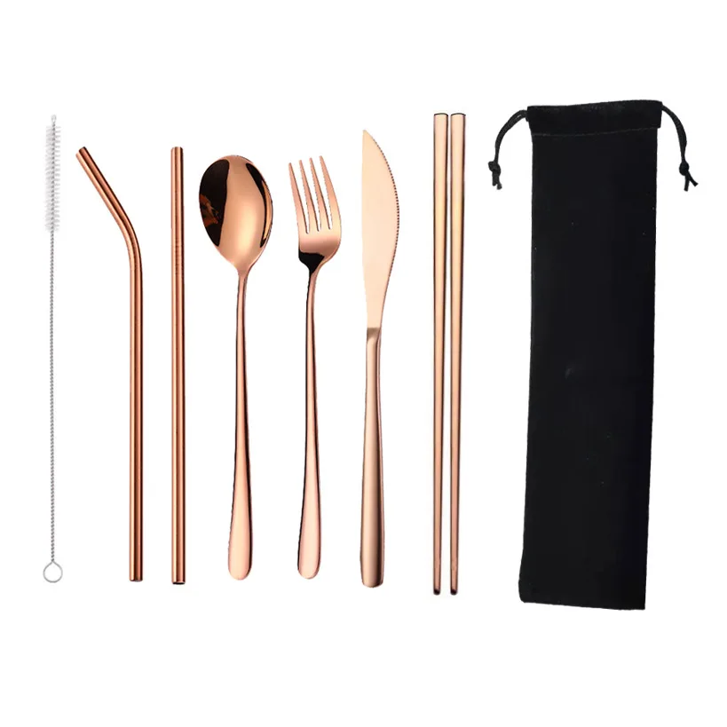 Customized Logo Travel Utensils Reusable Portable Travel Cutlery Set 7-Piece Including Knife Fork Spoon Chopsticks Straw Brush