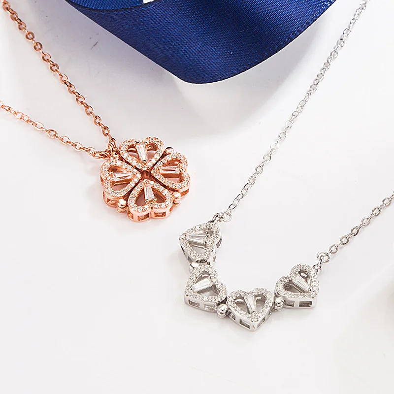 

Four Leaf Clover Two-ways Wearing Pendant Necklace 925 Silver Heart-shaped Cubic Zircon Magnetic Charm Necklace