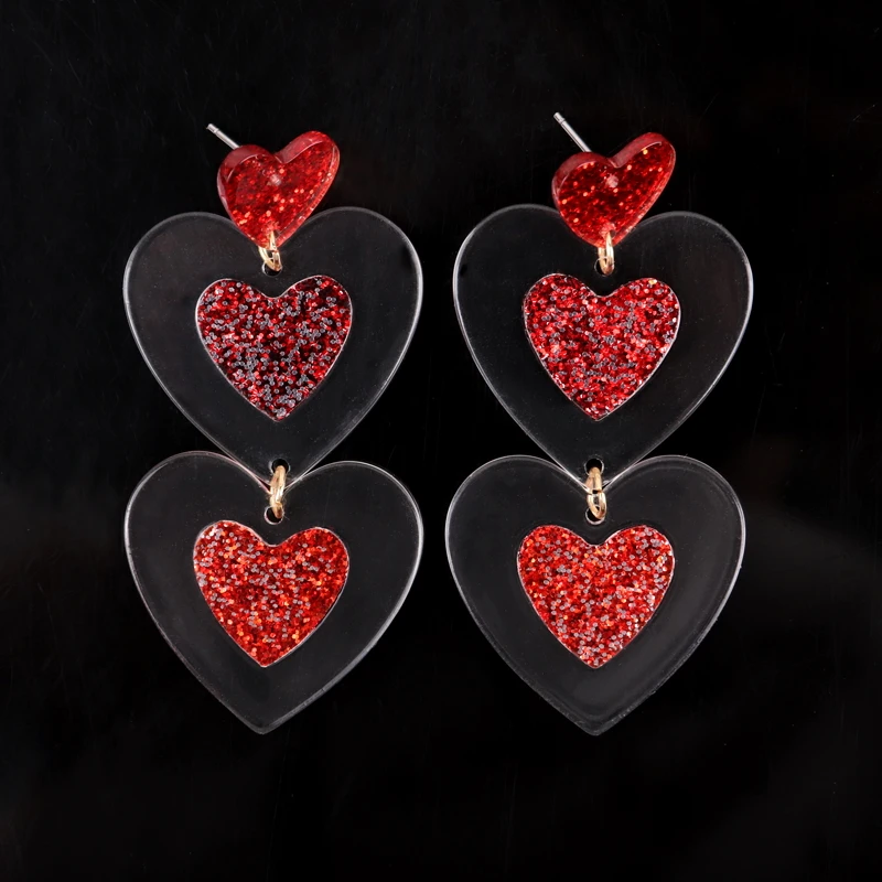 

New Double Heart RedLOVE sequin Transparent Splicing Acrylic Jewelry Long Heart Pendant Earrings for Women Wholesale Accessories